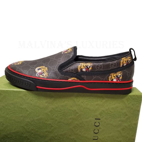 GUCCI SHOES MENS 1977 TENNIS SLIP ON SNEAKERS GG SUPREME TIGER 10G